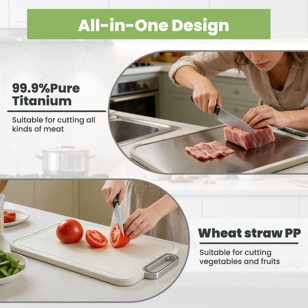 COZZIVITA Titanium Cutting Board – Double-Sided with Titanium & Wheat Straw Surface, Detachable Hanging Design, BPA-Free, Space Saving, Dishwasher Safe
