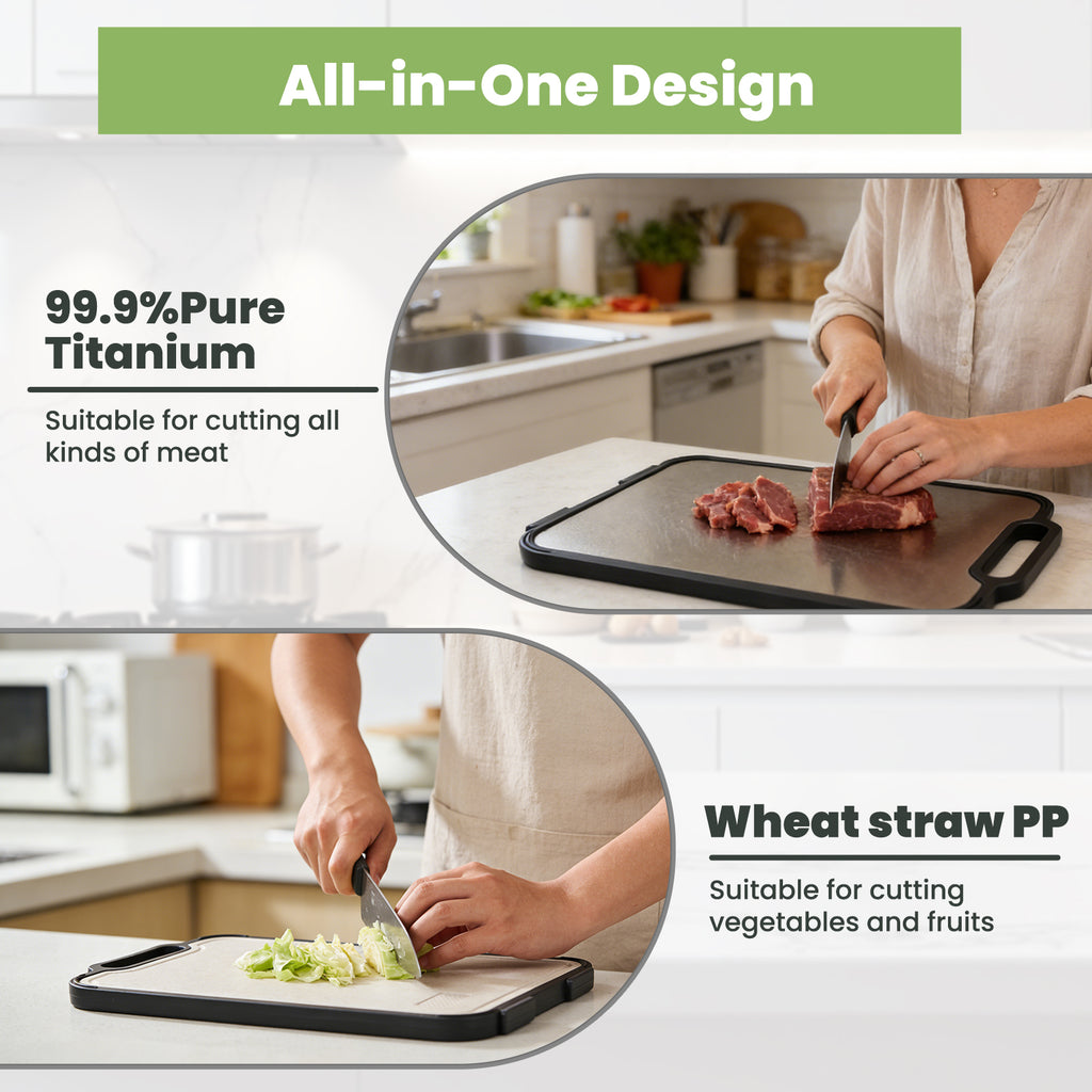 COZZIVITA Titanium Cutting Board – Double-Sided with Titanium & Wheat Straw Surface, Hanging All-in-One Design, BPA-Free, Non-Slip & Dishwasher Safe, Extra Durable