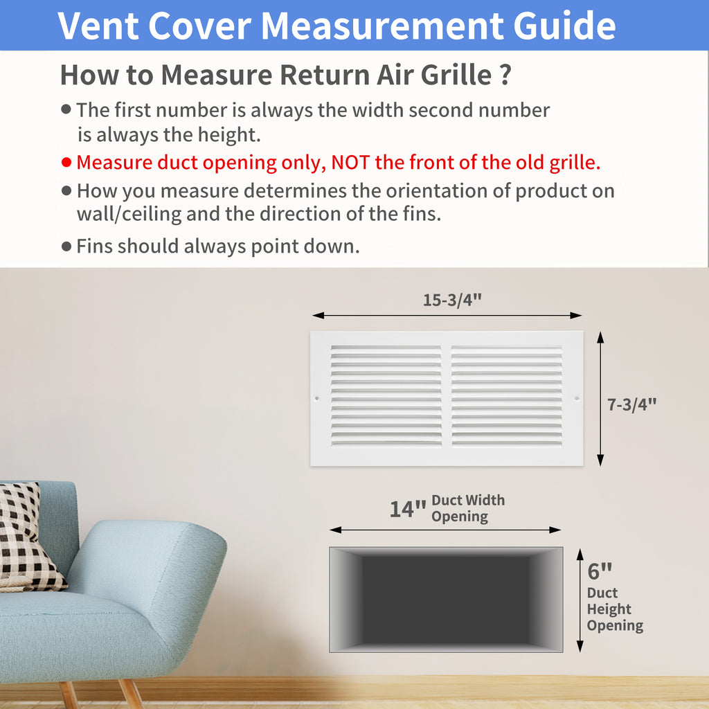 14"W x 6"H [Duct Opening Size] Steel Return Air Grille, Air Return Vent Cover for Ceiling and Sidewall - HVAC Air Vent Covers - [Outer Dimensions: 15.75"W x 7.75"H]