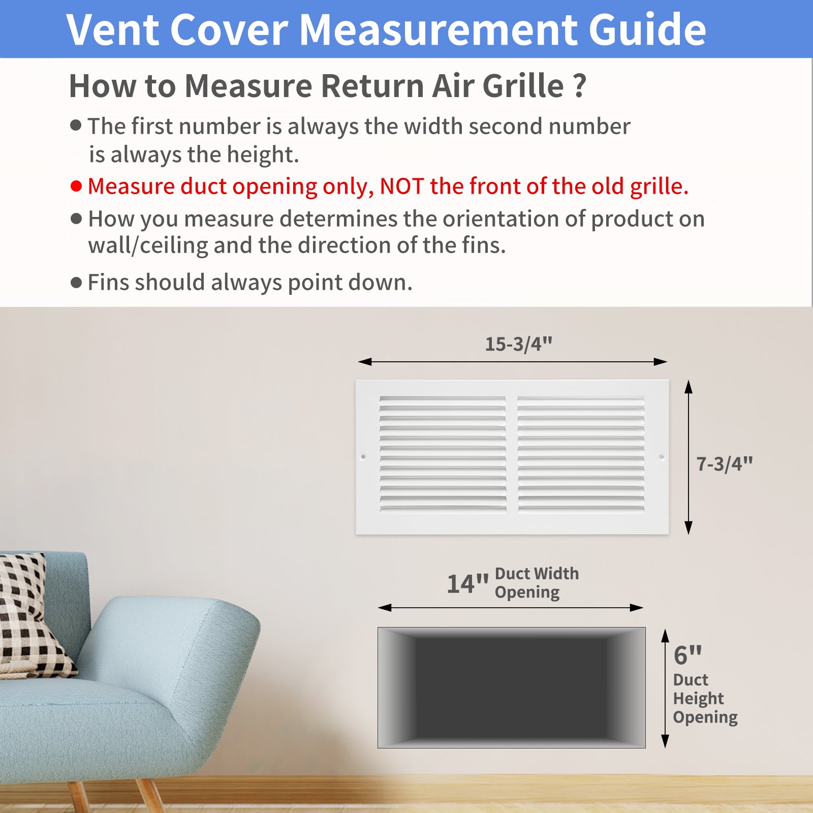 14"W x 6"H [Duct Opening Size] Steel Return Air Grille, Air Return Vent Cover for Ceiling and Sidewall - HVAC Air Vent Covers - [Outer Dimensions: 15.75"W x 7.75"H]