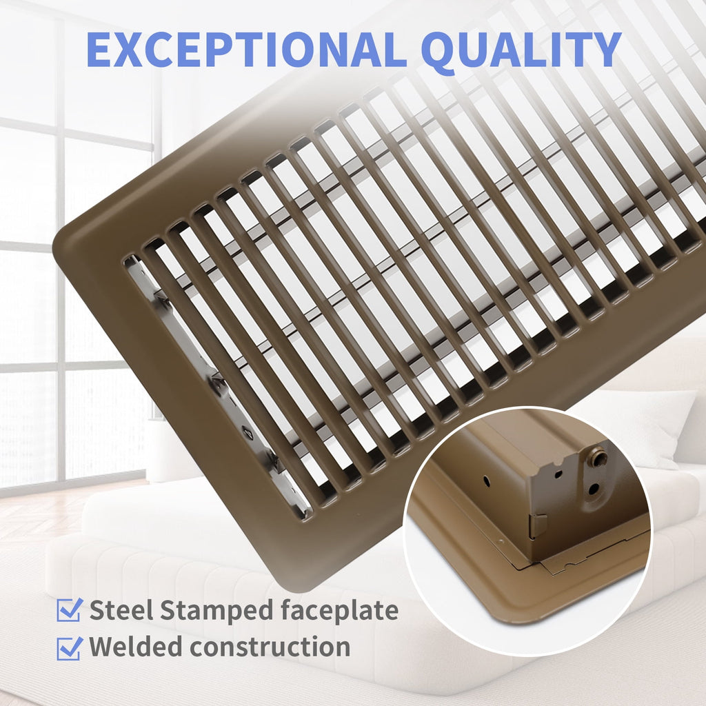 COZZIVITA 6x12 Inch Floor Register - Heavy Duty Steel Walkable Floor Vents - Easy Adjust Air Supply Lever - Vent Covers for Home (Brown)