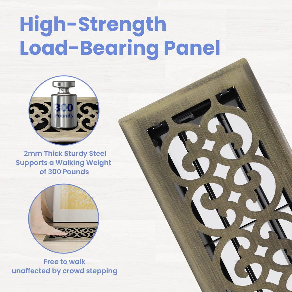 4x10 Inches 6 Pack Heavy Duty Walkable Floor Register - Easy Adjust Air Supply Lever Decorative Floor Vent Covers, Charlotte Design Vent Covers for Home - Antique Brass