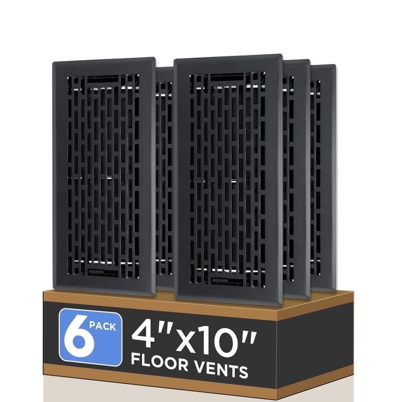 4x10 Inches 6 Pack Heavy Duty Walkable Floor Register - Easy Adjust Air Supply Lever Decorative Floor Vent Covers, Boston Design Vent Covers for Home - Matte Black