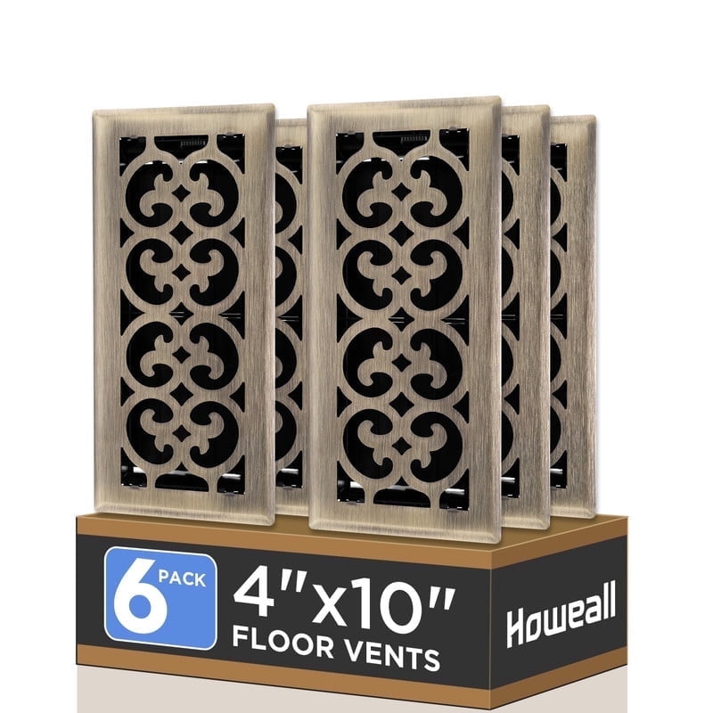 4x10 Inches 6 Pack Heavy Duty Walkable Floor Register - Easy Adjust Air Supply Lever Decorative Floor Vent Covers, Charlotte Design Vent Covers for Home - Antique Brass