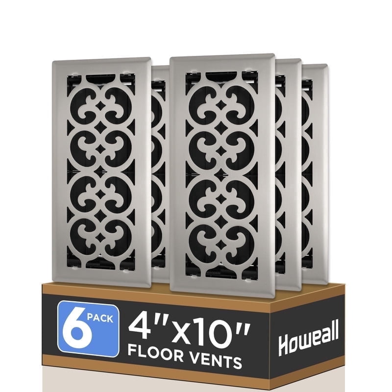 4x10 Inches 6 Pack Heavy Duty Walkable Floor Register - Easy Adjust Air Supply Lever Decorative Floor Vent Covers, Charlotte Design Vent Covers for Home - Satin Nickel