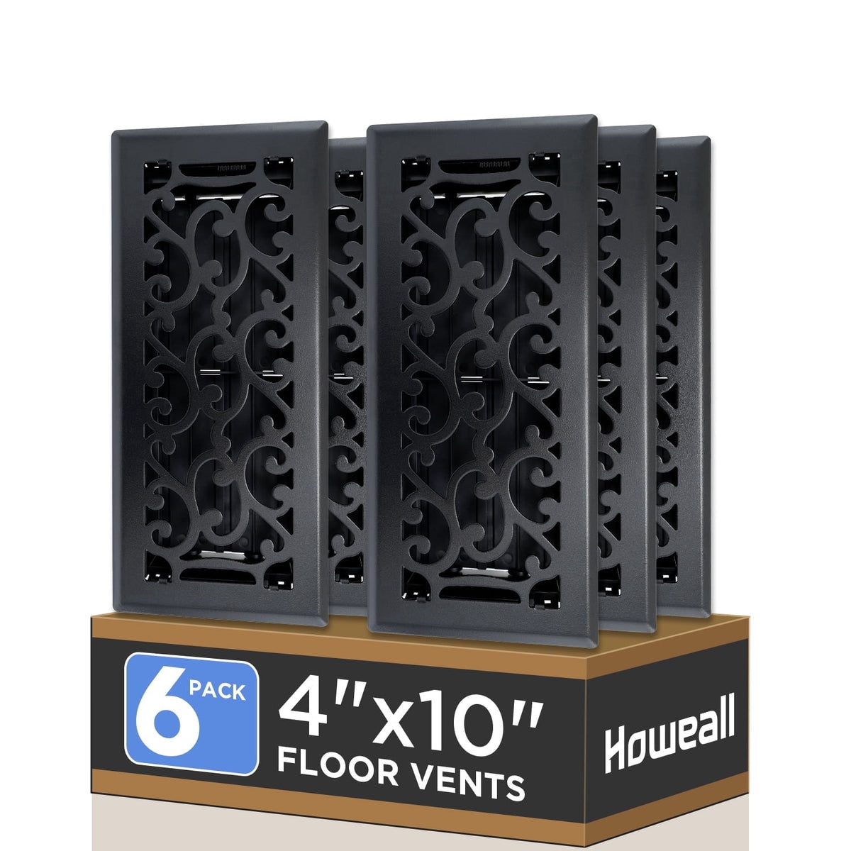 4x10 Inches 6 Pack Heavy Duty Walkable Floor Register - Easy Adjust Air Supply Lever Decorative Floor Vent Covers, Savannah Design Vent Covers for Home - Matte Black