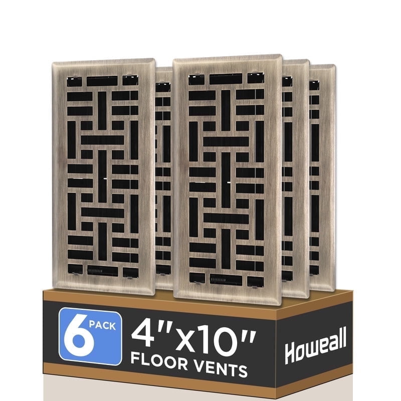 4x10 Inches 6 Pack Heavy Duty Walkable Floor Register - Easy Adjust Air Supply Lever Decorative Floor Vent Covers, Seattle Design Vent Covers for Home - Antique Brass