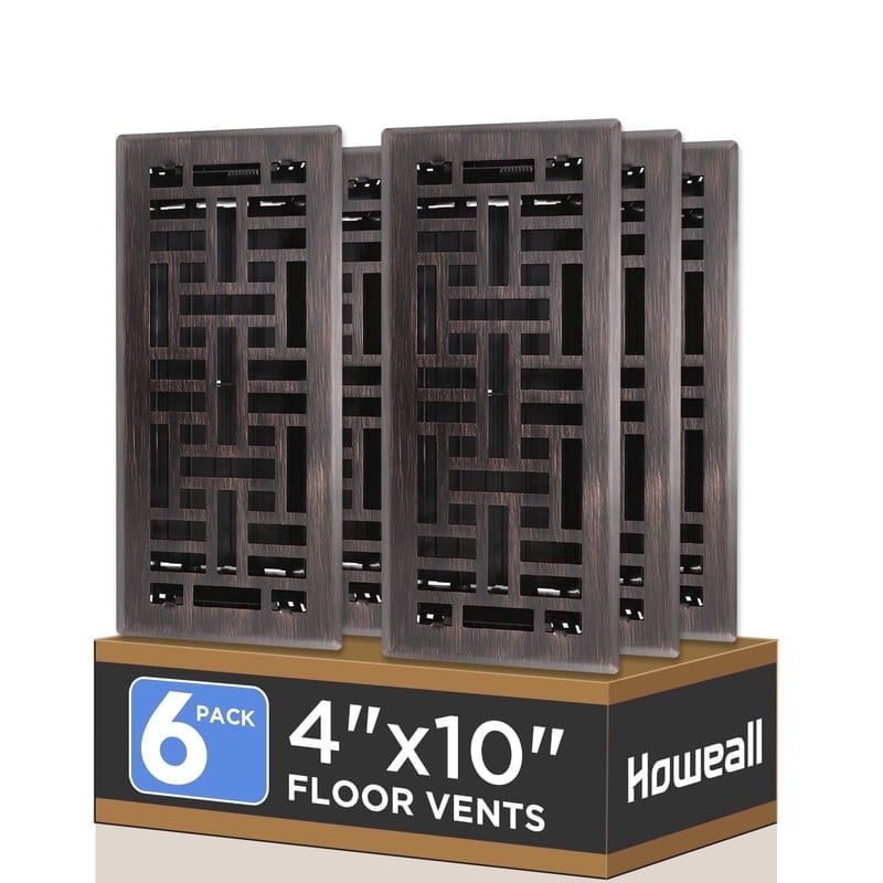 4x10 Inches 6 Pack Heavy Duty Walkable Floor Register - Easy Adjust Air Supply Lever Decorative Floor Vent Covers, Seattle Design Vent Covers for Home - Oil Rubbed Bronze
