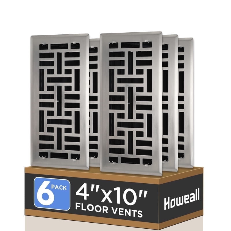 4x10 Inches 6 Pack Heavy Duty Walkable Floor Register - Easy Adjust Air Supply Lever Decorative Floor Vent Covers, Seattle Design Vent Covers for Home - Satin Nickel