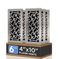 6-Pack 4x10 inch Heavy Duty Walkable Steel Floor Register | Easy Adjust Lever, Boston Design, Satin Nickel