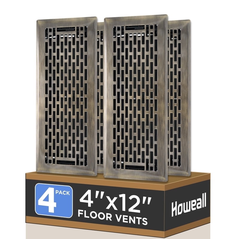 4x12 Inches 4 Pack Heavy Duty Walkable Floor Register - Easy Adjust Air Supply Lever Decorative Floor Vent Covers, Boston Design Vent Covers for Home - Antique Brass