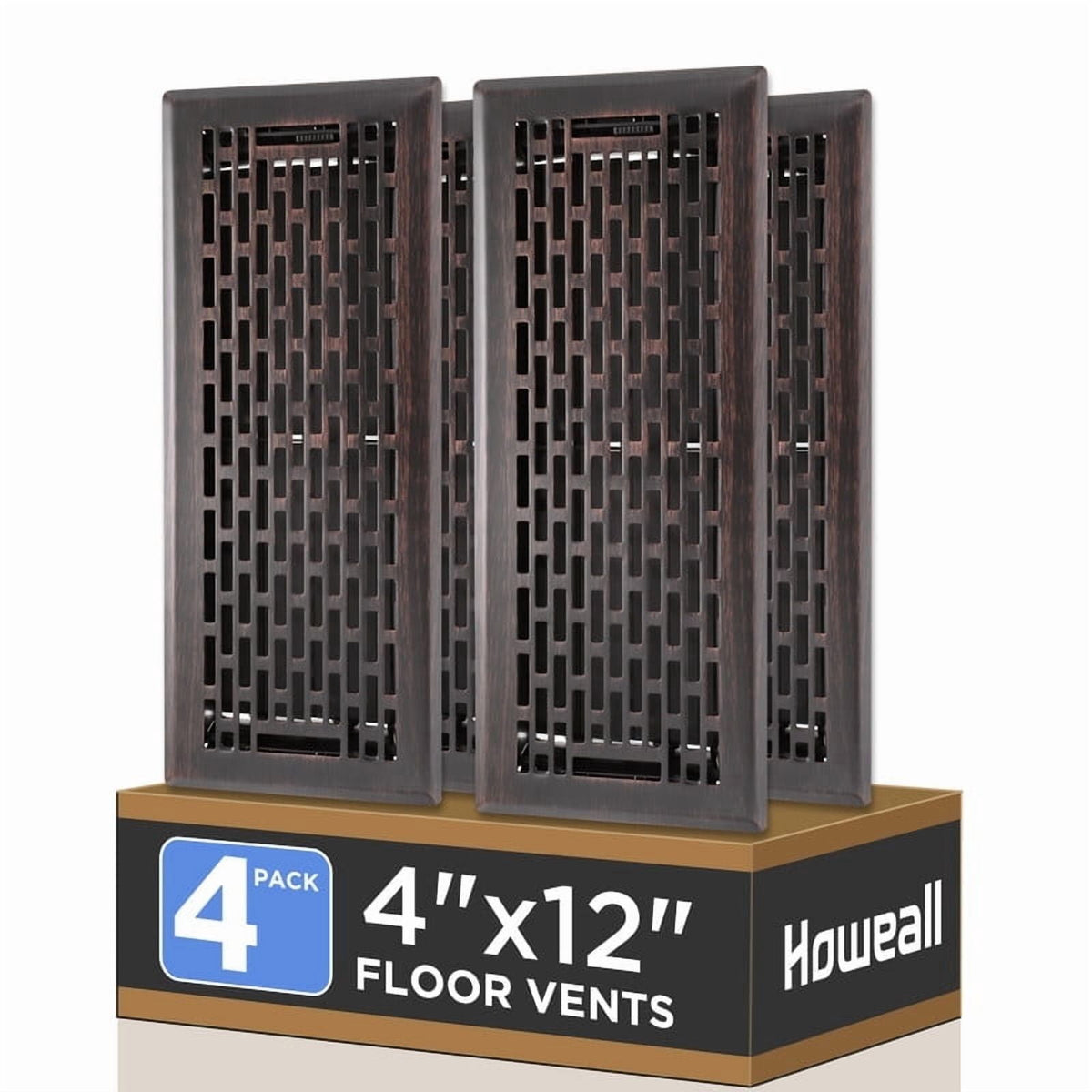 4x12 Inches 4 Pack Heavy Duty Walkable Floor Register - Easy Adjust Air Supply Lever Decorative Floor Vent Covers, Boston Design Vent Covers for Home - Oil Rubbed Bronze