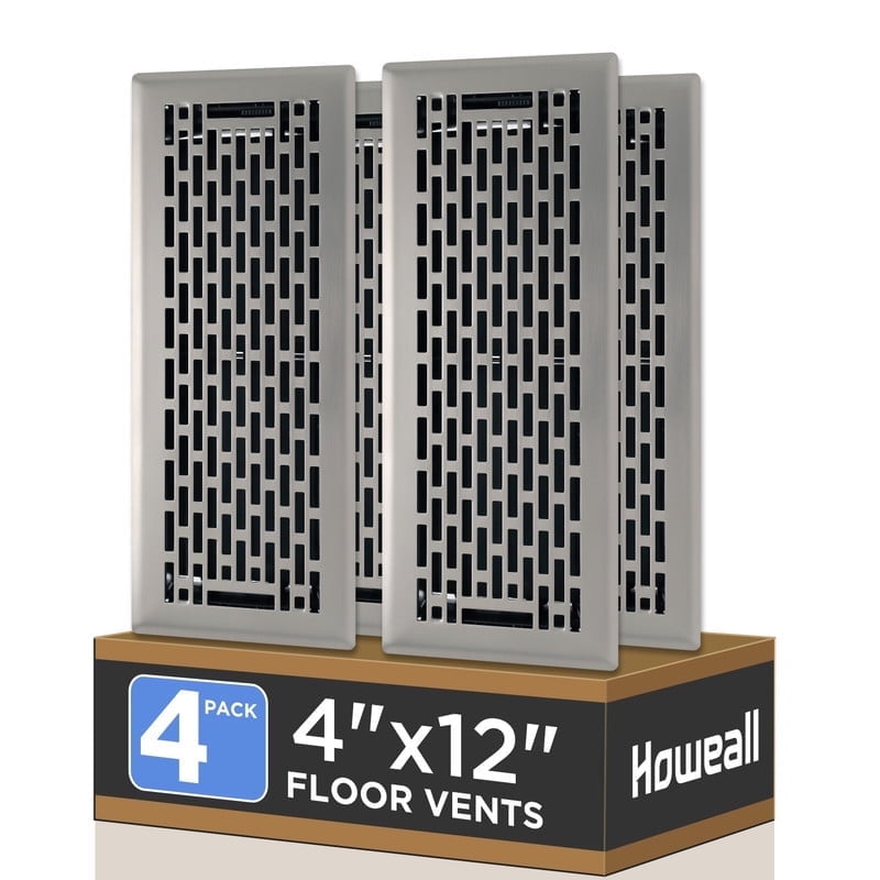 4x12 Inches 4 Pack Heavy Duty Walkable Floor Register - Easy Adjust Air Supply Lever Decorative Floor Vent Covers, Boston Design Vent Covers for Home - Satin Nickel