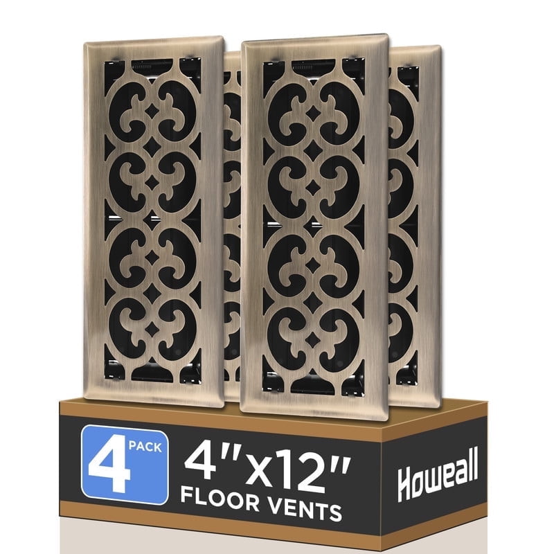 4x12 Inches 4 Pack Heavy Duty Walkable Floor Register - Easy Adjust Air Supply Lever Decorative Floor Vent Covers, Charlotte Design Vent Covers for Home - Antique Brass