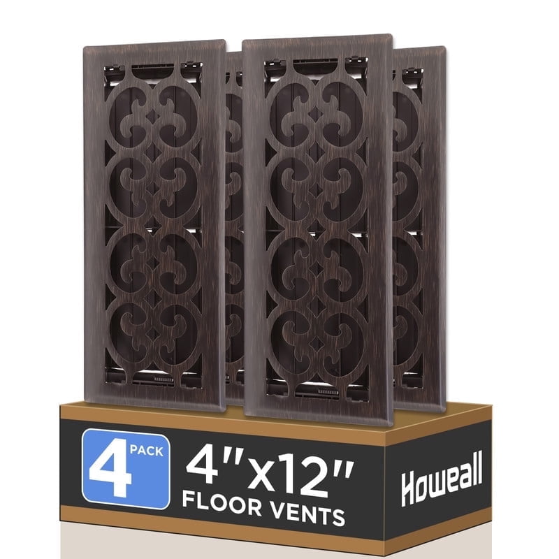 4x12 Inches 4 Pack Heavy Duty Walkable Floor Register - Easy Adjust Air Supply Lever Decorative Floor Vent Covers, Charlotte Design Vent Covers for Home - Oil Rubbed Bronze