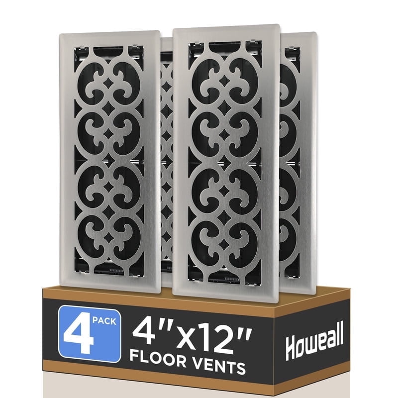 4x12 Inches 4 Pack Heavy Duty Walkable Floor Register - Easy Adjust Air Supply Lever Decorative Floor Vent Covers, Charlotte Design Vent Covers for Home - Satin Nickel