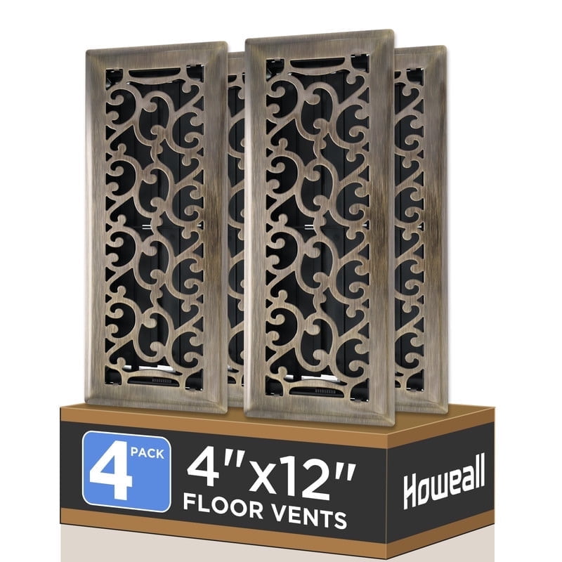 4x12 Inches 4 Pack Heavy Duty Walkable Floor Register - Easy Adjust Air Supply Lever Decorative Floor Vent Covers, Savannah Design Vent Covers for Home - Antique Brass