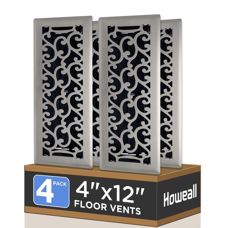 4x12 Inches 4 Pack Heavy Duty Walkable Floor Register - Easy Adjust Air Supply Lever Decorative Floor Vent Covers, Savannah Design Vent Covers for Home - Satin Nickel