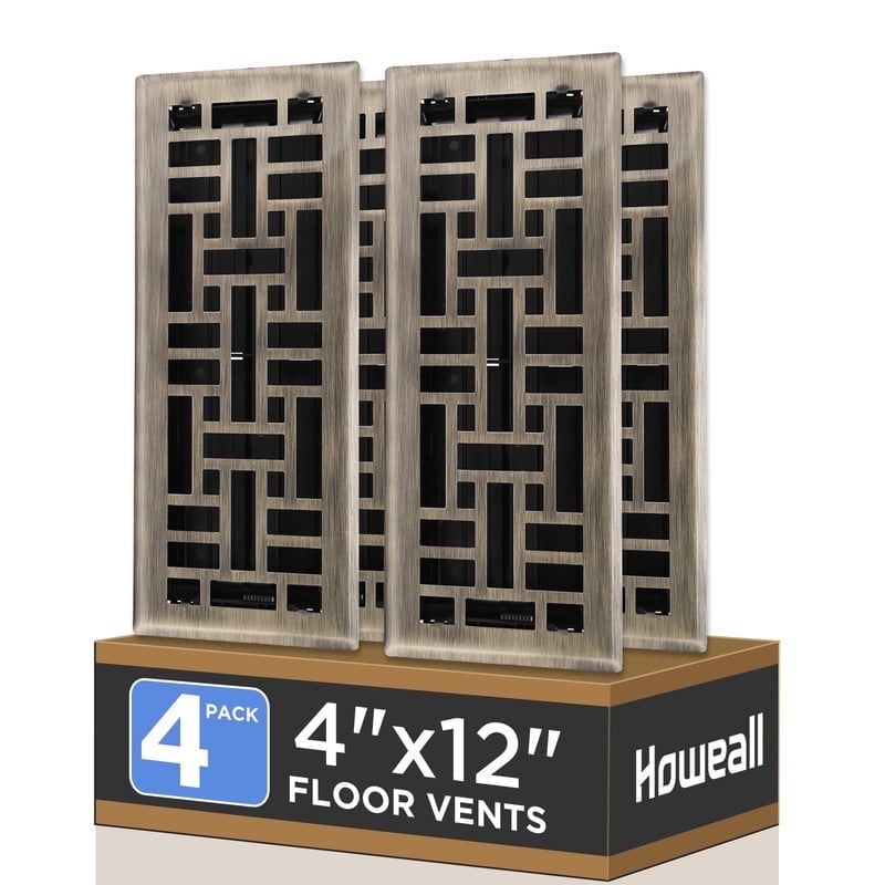 4x12 Inches 4 Pack Heavy Duty Walkable Floor Register - Easy Adjust Air Supply Lever Decorative Floor Vent Covers, Seattle Design Vent Covers for Home - Antique Brass