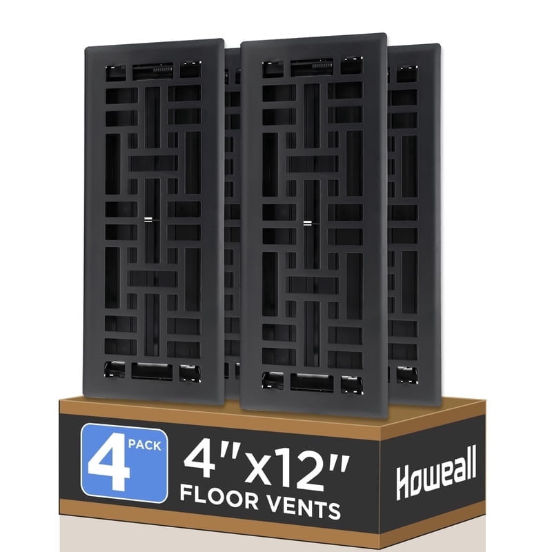 4x12 Inches 4 Pack Heavy Duty Walkable Floor Register - Easy Adjust Air Supply Lever Decorative Floor Vent Covers, Seattle Design Vent Covers for Home - Matte Black