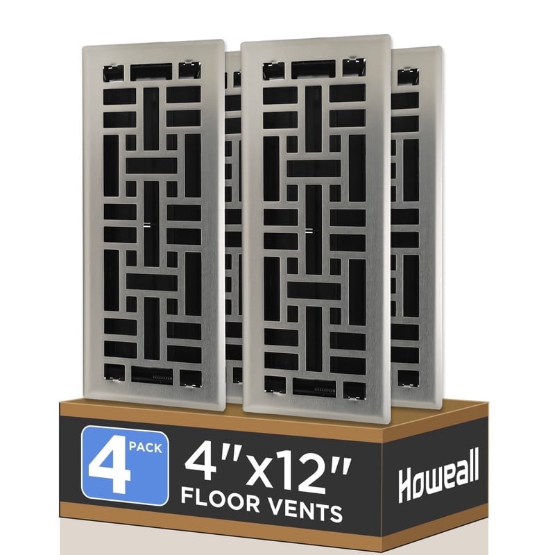 4x12 Inches 4 Pack Heavy Duty Walkable Floor Register - Easy Adjust Air Supply Lever Decorative Floor Vent Covers, Seattle Design Vent Covers for Home - Satin Nickel