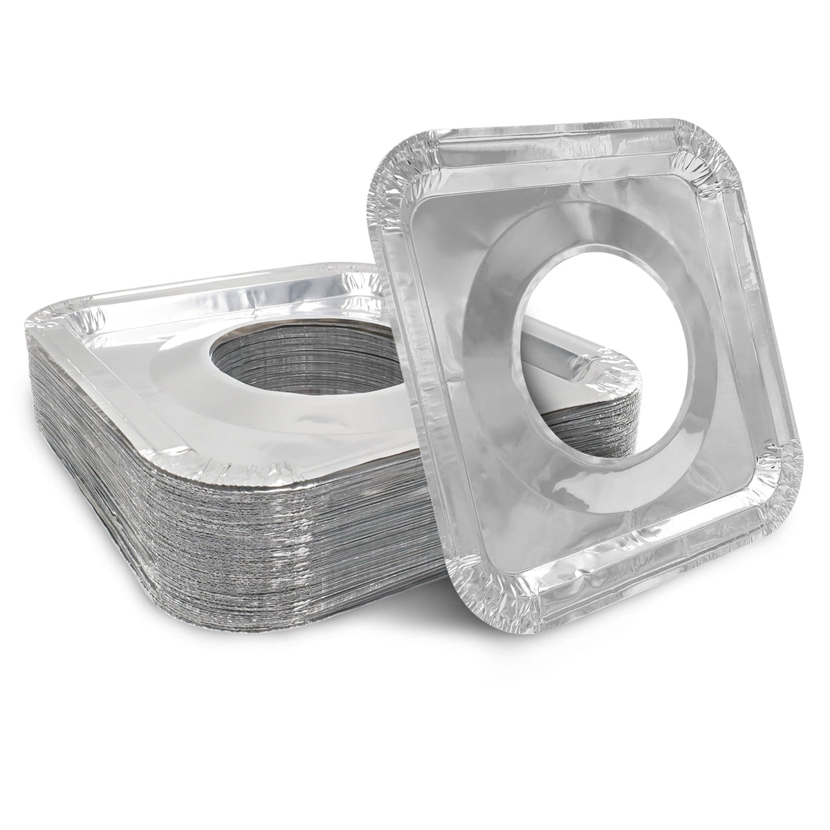 CleanMax 50-Pack Aluminum Gas Stove Burner Covers | 8.5x8.5 inch Thicker Foil Square Liners, Disposable Range Protectors Baking, Top, Safe