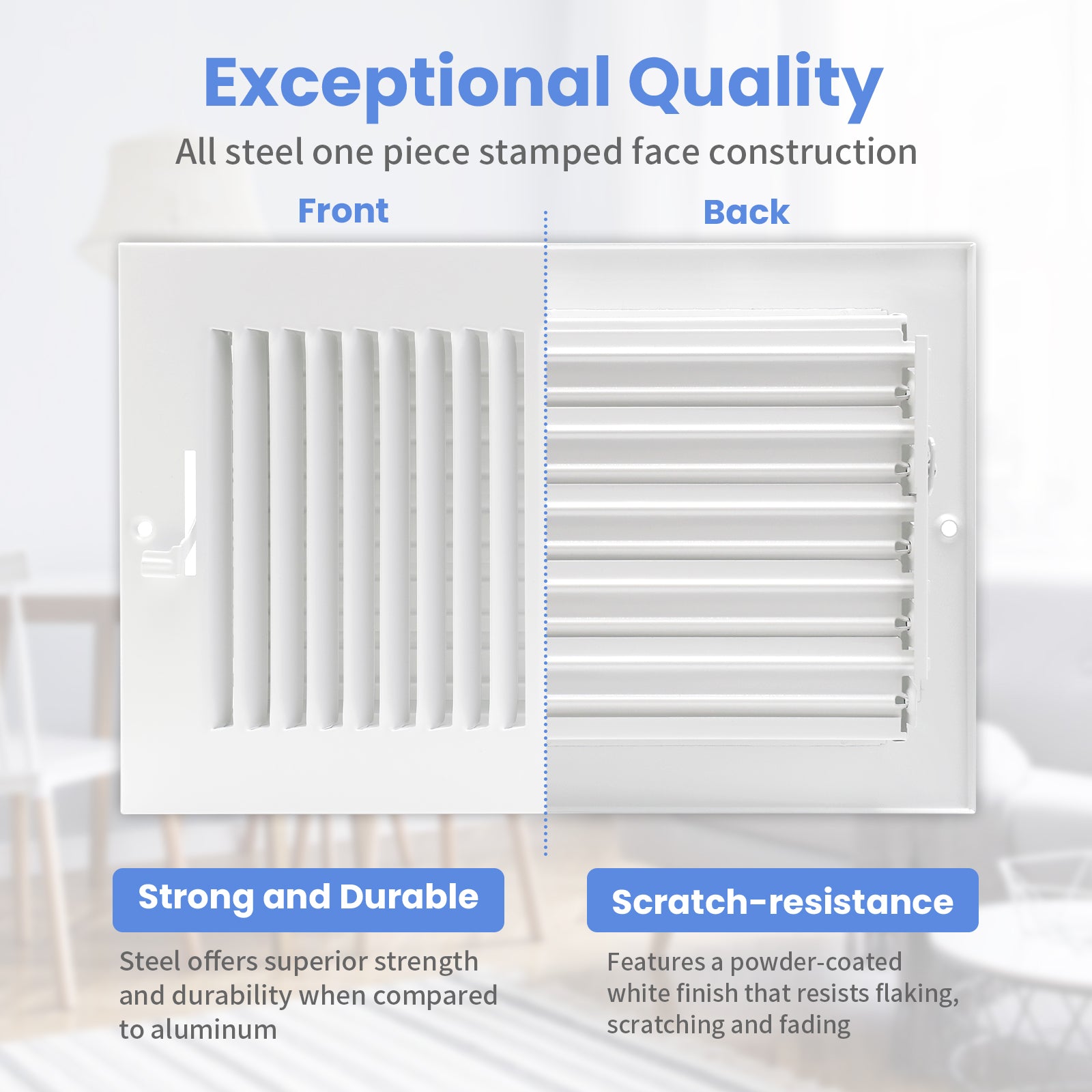 10 x 6 Inch [Duct Opening] Air Vent Covers for Wall or Ceiling - High Airflow 2 Way Steel Ventilation - Adjustable Wall/Ceiling Register, 11-3/4 Inch x 7-3/4 Inch [Overall Dimensions]