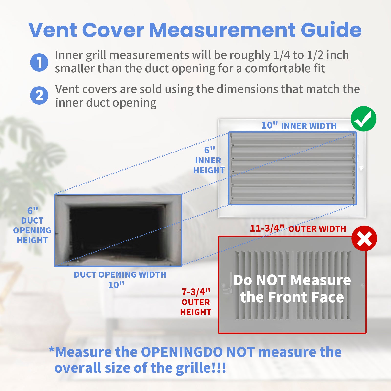 10 x 6 Inch [Duct Opening] Air Vent Covers for Wall or Ceiling - High Airflow 2 Way Steel Ventilation - Adjustable Wall/Ceiling Register, 11-3/4 Inch x 7-3/4 Inch [Overall Dimensions]