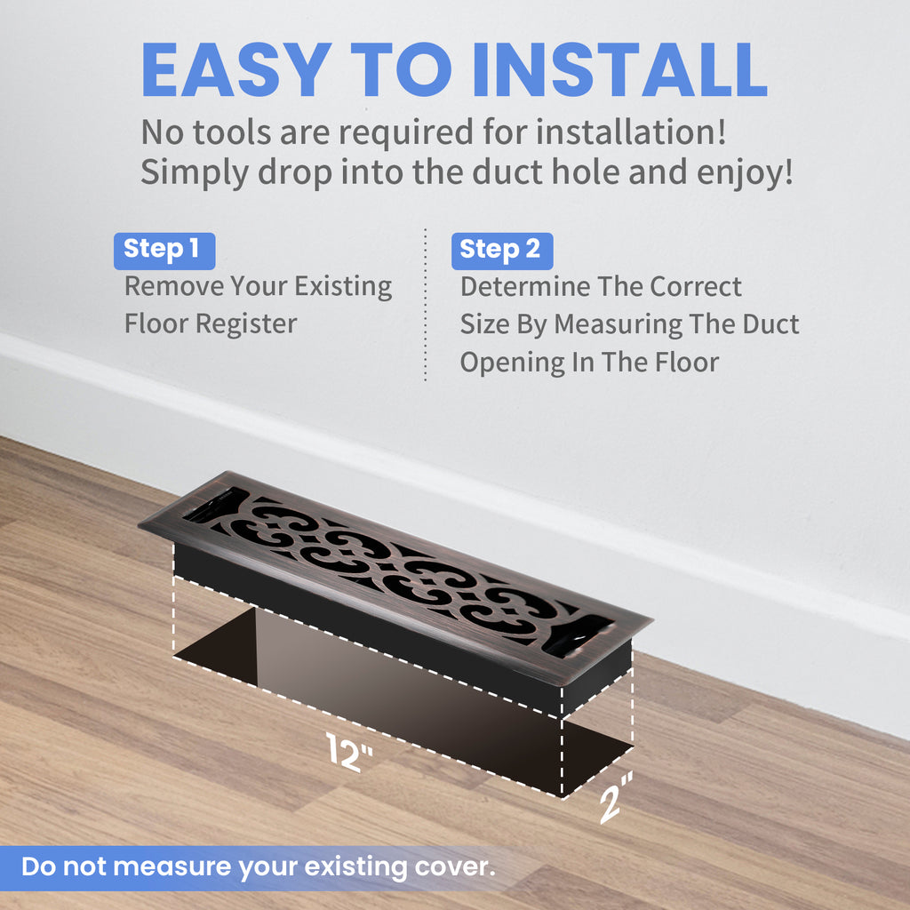 2x12 Inches Heavy Duty Walkable Floor Register Easy Adjust Air Supply Lever Floor Vents - Charlotte Design - Vent Cover for Home Floor - Oil Rubbed Bronze