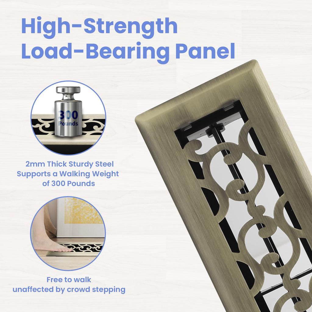 2x10 Inches 4 Pack Heavy Duty Walkable Floor Register - Easy Adjust Air Supply Lever Decorative Floor Vent Covers, Savannah Design Vent Covers for Home - Antique Brass