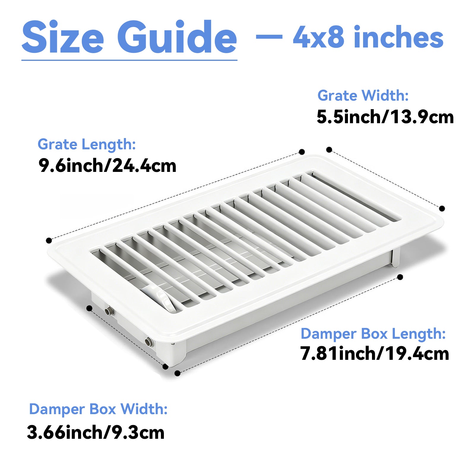 4" x 8" Floor Register - Heavy Duty Steel Walkable Floor Vents - Easy Adjust Air Supply Lever - Vent Covers for Home (White)