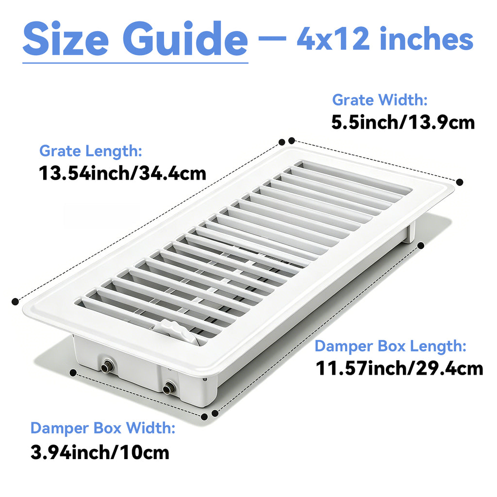 4" x 12" Floor Register 2 Pack - Heavy Duty Steel Walkable Floor Vents - Easy Adjust Air Supply Lever - Vent Covers for Home (White)