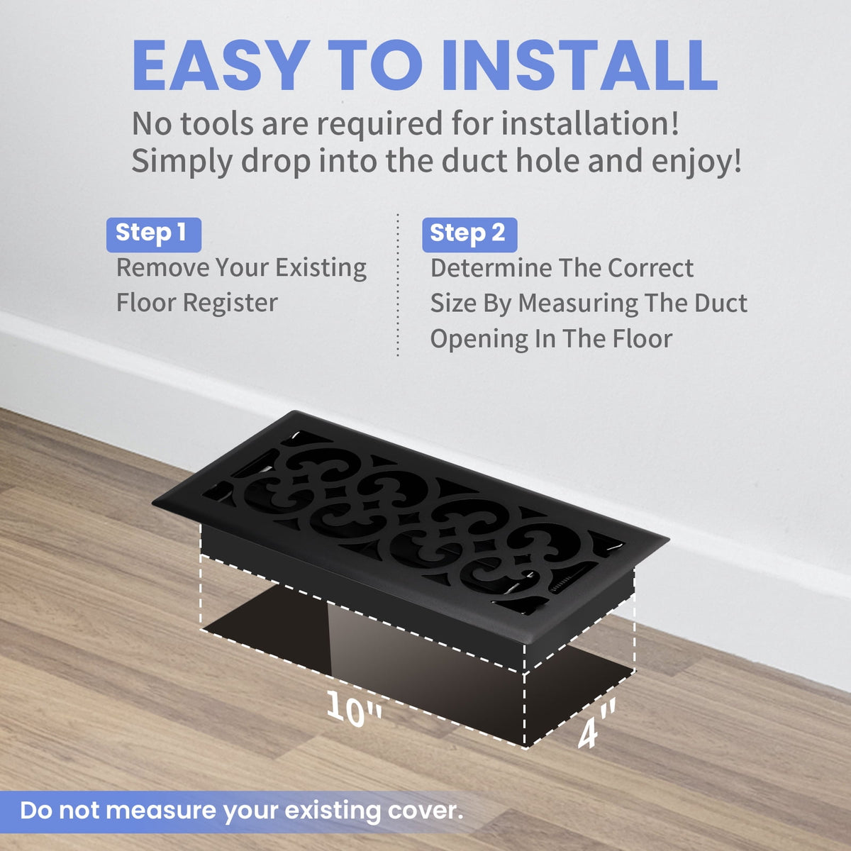 4x10 Inches 6 Pack Heavy Duty Walkable Floor Register - Easy Adjust Air Supply Lever Decorative Floor Vent Covers, Charlotte Design Vent Covers for Home - Matte Black