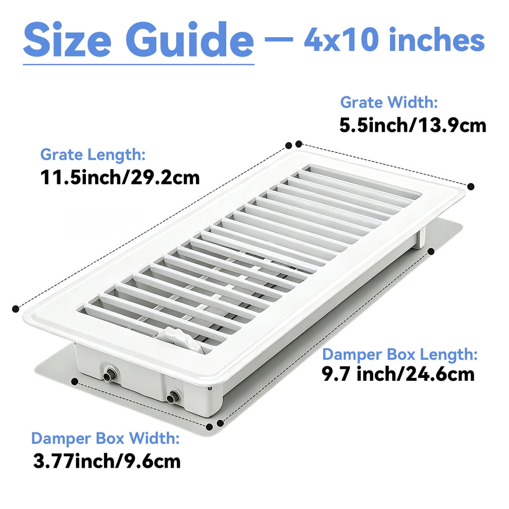4" x 10" Floor Register - Heavy Duty Steel Walkable Floor Vents - Easy Adjust Air Supply Lever - Vent Covers for Home (White)