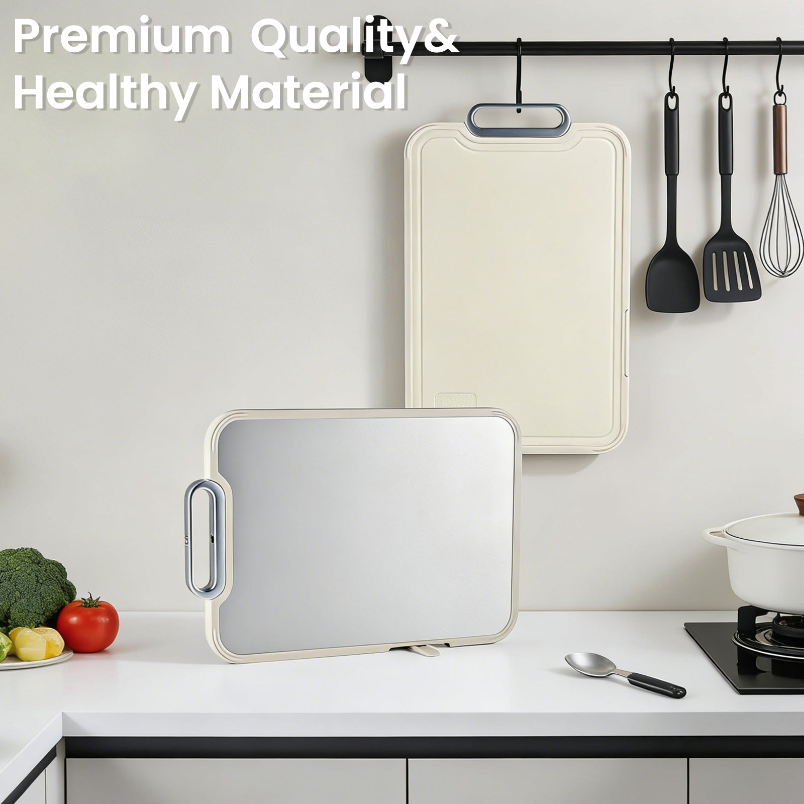 COZZIVITA Titanium Cutting Board – Double-Sided with Titanium & Wheat Straw Surface, Detachable Hanging Design, BPA-Free, Space Saving, Dishwasher Safe