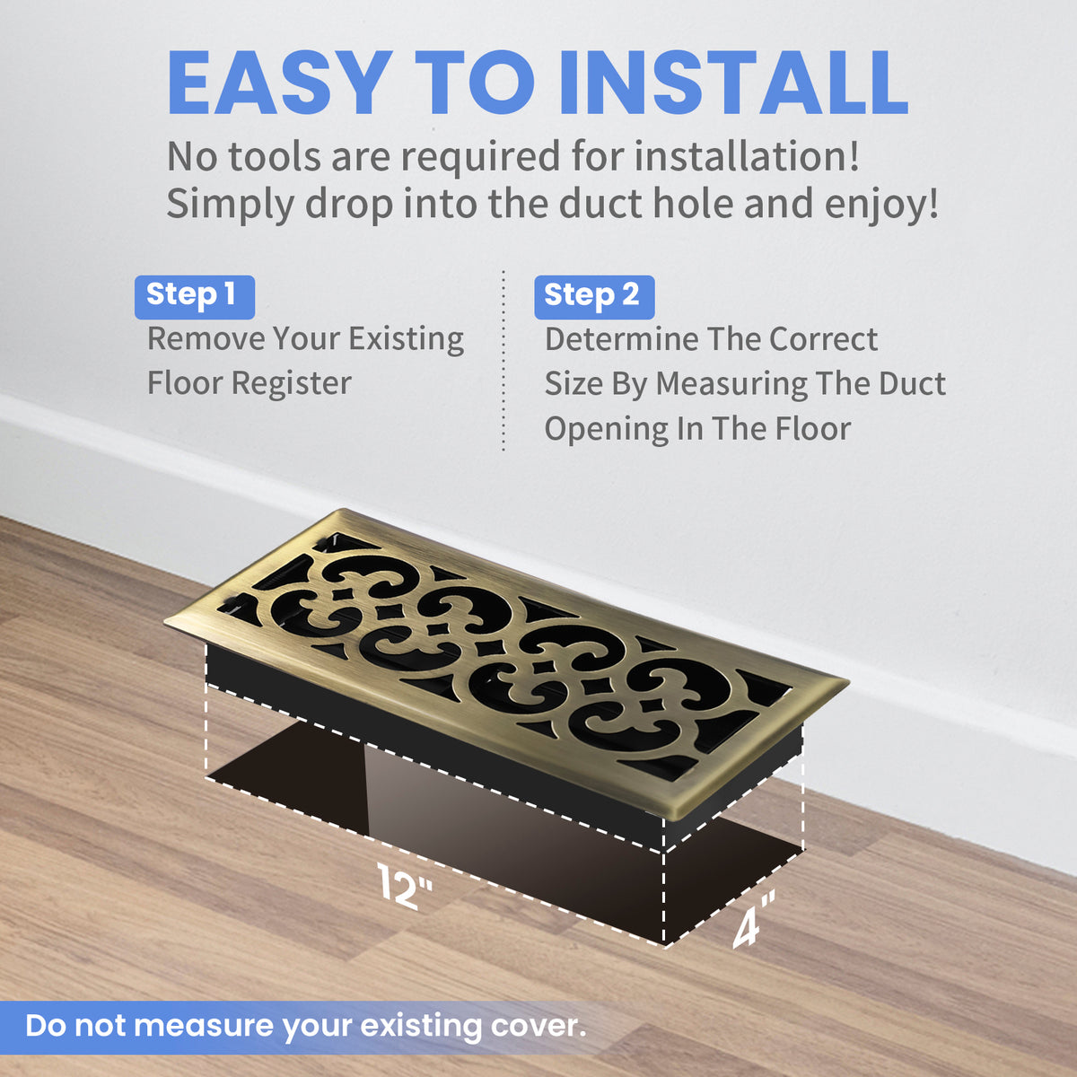 4x12 Inches 2 Pack Heavy Duty Walkable Floor Register Easy Adjust Air Supply Lever Floor Vents - Charlotte Design - Vent Cover for Home Floor - Antique Brass