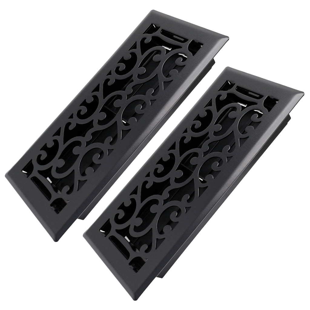 4x10 Inches 2 Pack Heavy Duty Walkable Floor Register - Easy Adjust Air Supply Lever Decorative Floor Vent Covers - Savannah Design Vent Covers for Home - Matte Black