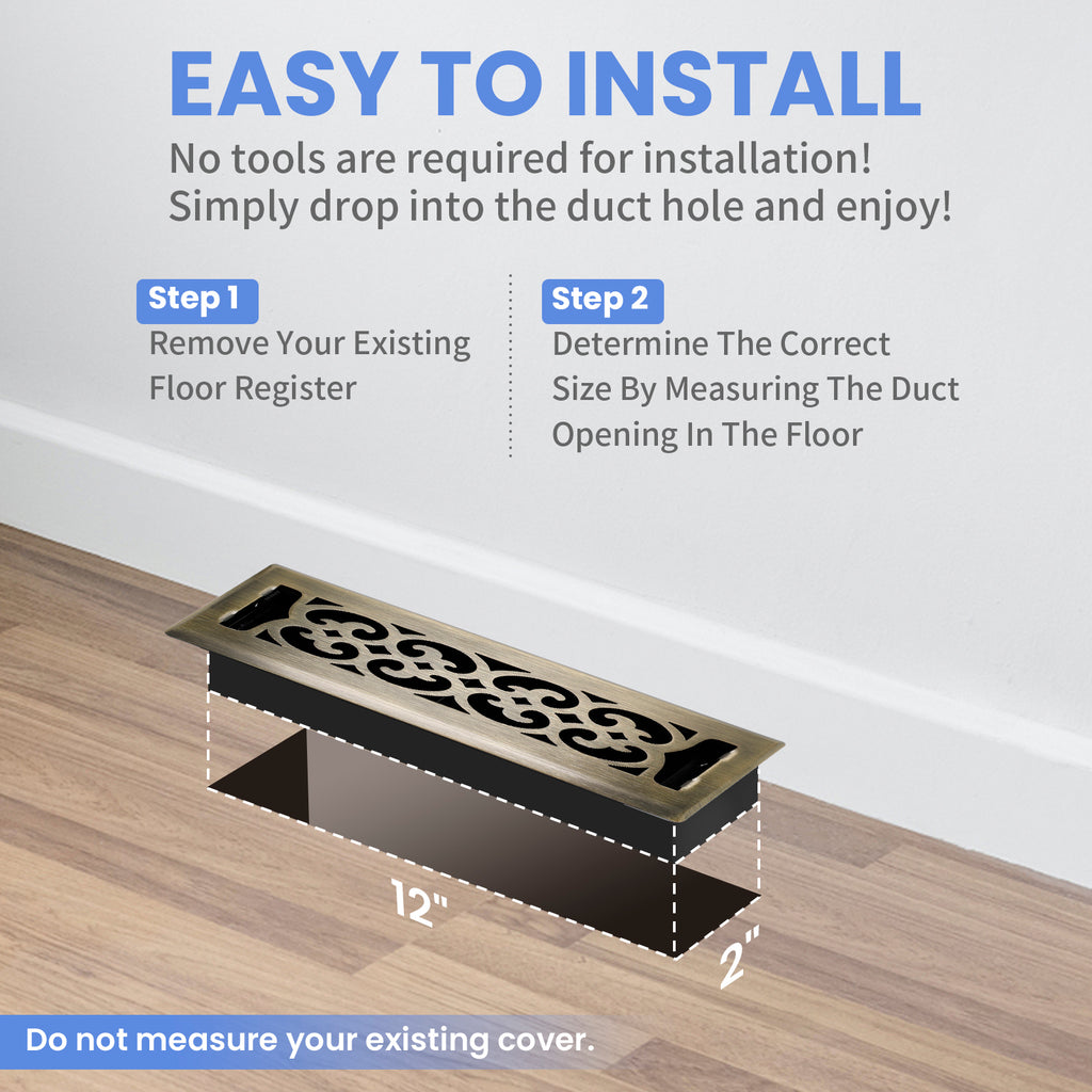 2x12 Inches Heavy Duty Walkable Floor Register Easy Adjust Air Supply Lever Floor Vents - Charlotte Design - Vent Cover for Home Floor - Antique Brass