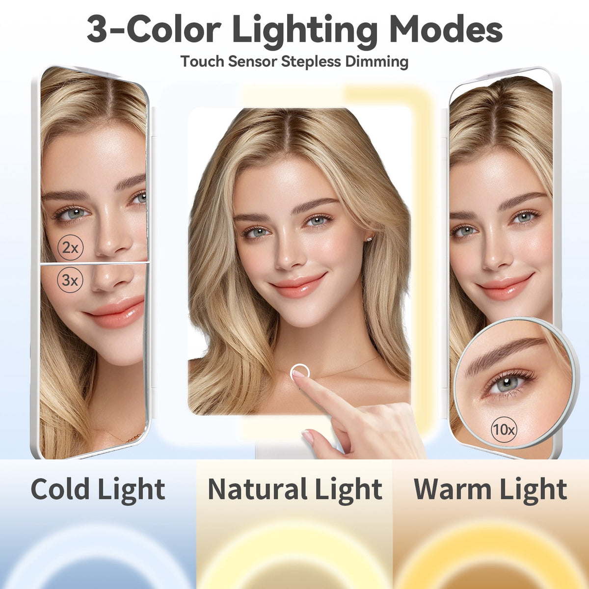 Smart Makeup Mirror with Lights - 2X/3X/10X magnification, smart sensor, adjustable brightness & stand, Type-C fast charging (3 colors). Perfect gift for women & girls.