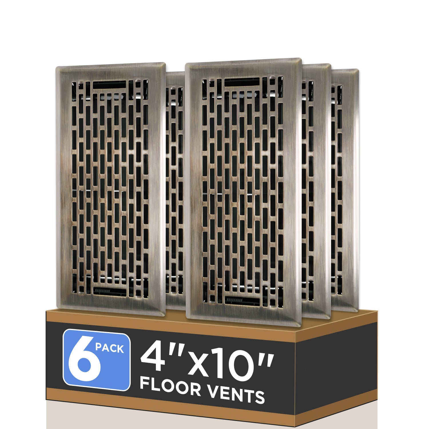4x10 Inches 6 Pack Heavy Duty Walkable Floor Register - Easy Adjust Air Supply Lever Decorative Floor Vent Covers - Boston Design Vent Covers for Home - Antique Brass