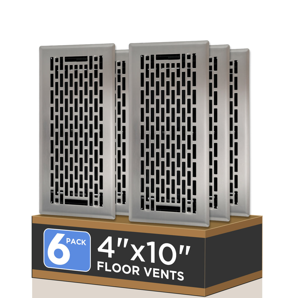 4x10 Inch 6 Pack Heavy Duty Steel Walkable Floor Register - Easy Adjust Air Lever - Boston Design Satin Nickel Vent Covers