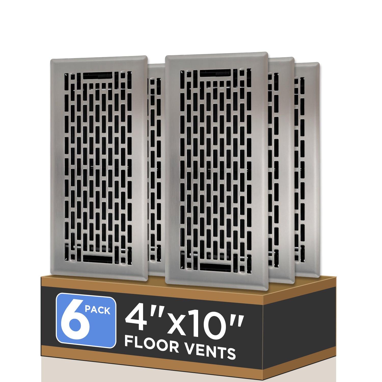 4x10 Inch 6 Pack Heavy Duty Steel Walkable Floor Register - Easy Adjust Air Lever - Boston Design Satin Nickel Vent Covers