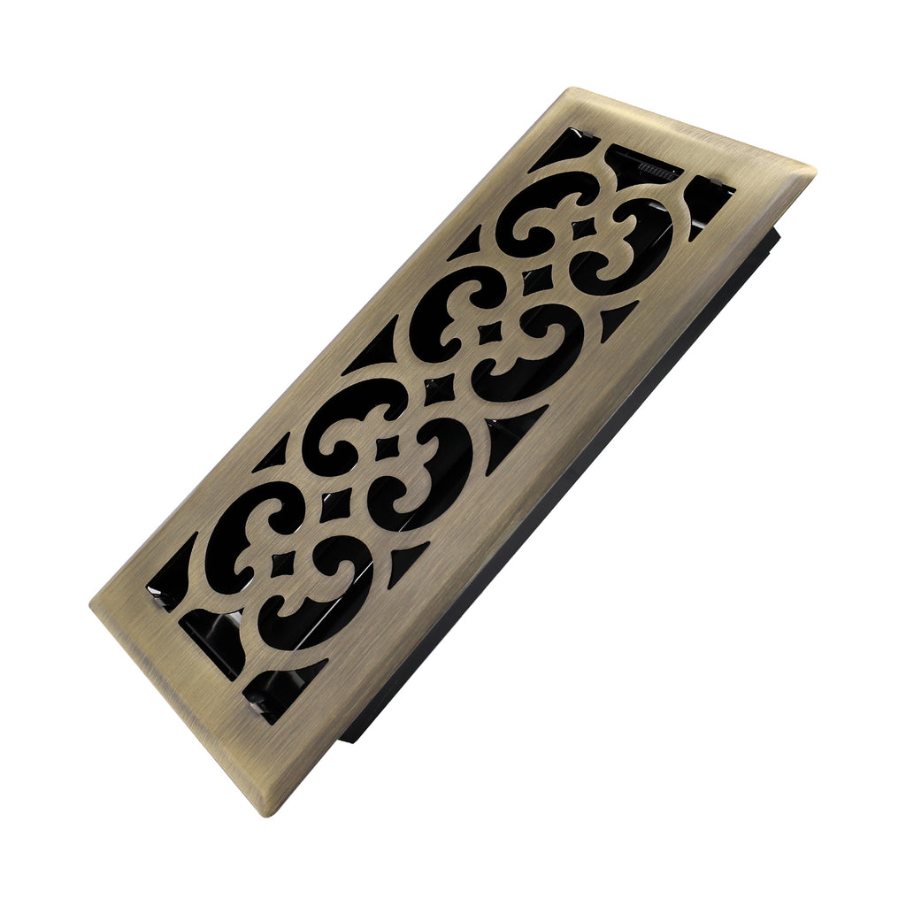 4x10 Inches Heavy Duty Walkable Floor Register Easy Adjust Air Supply Lever Floor Vents - Charlotte Design - Vent Cover for Home Floor - Antique Brass