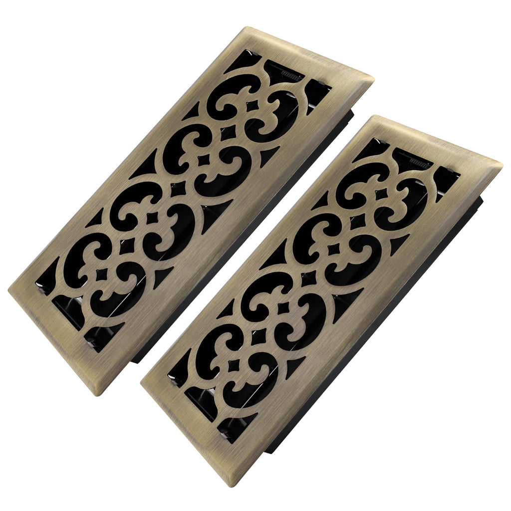 4x10 Inches 2 Pack Heavy Duty Walkable Floor Register Easy Adjust Air Supply Lever Floor Vents - Charlotte Design - Vent Cover for Home Floor - Antique Brass