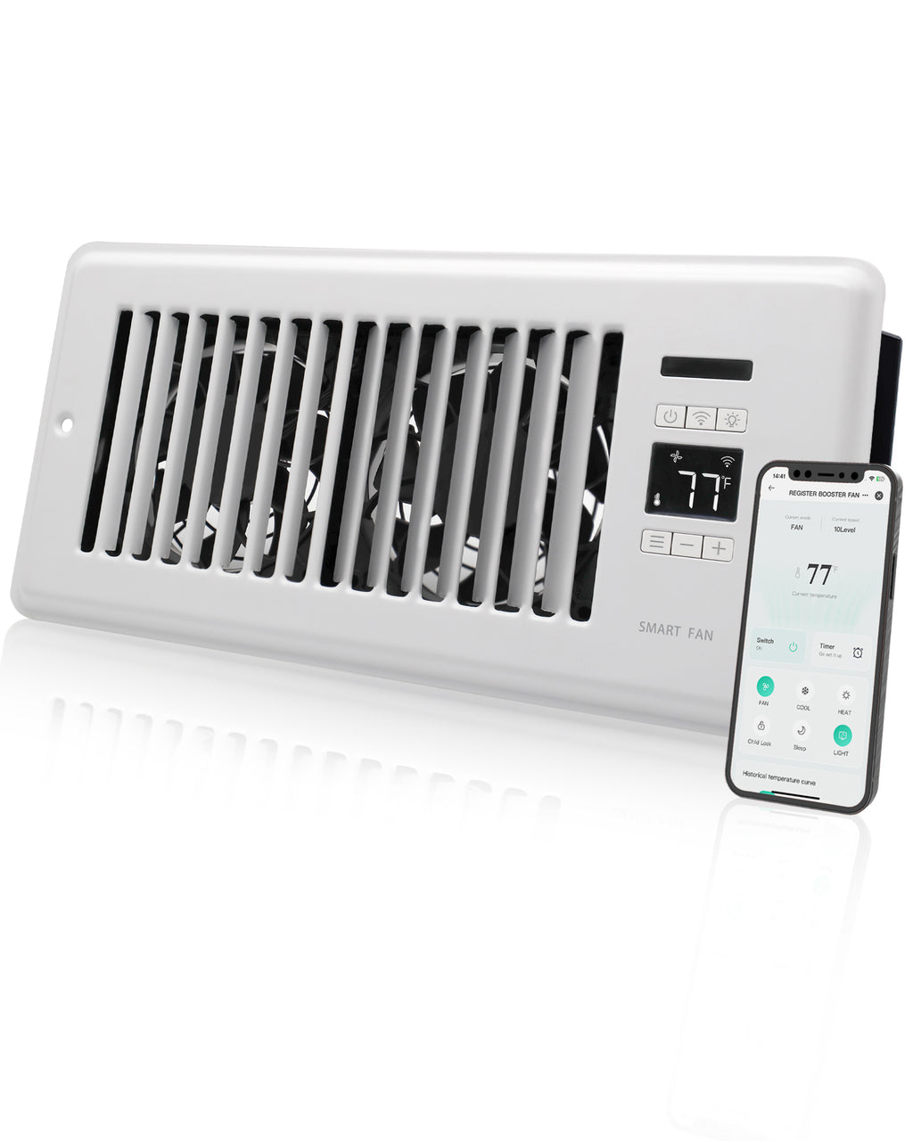 Super Quiet Register Booster Fan for 4" x 10" Register Holes, Smart Register Vent with Dual Intelligent Thermostat and WIFI App Control, Heating Cooling AC Vent Fan (White)