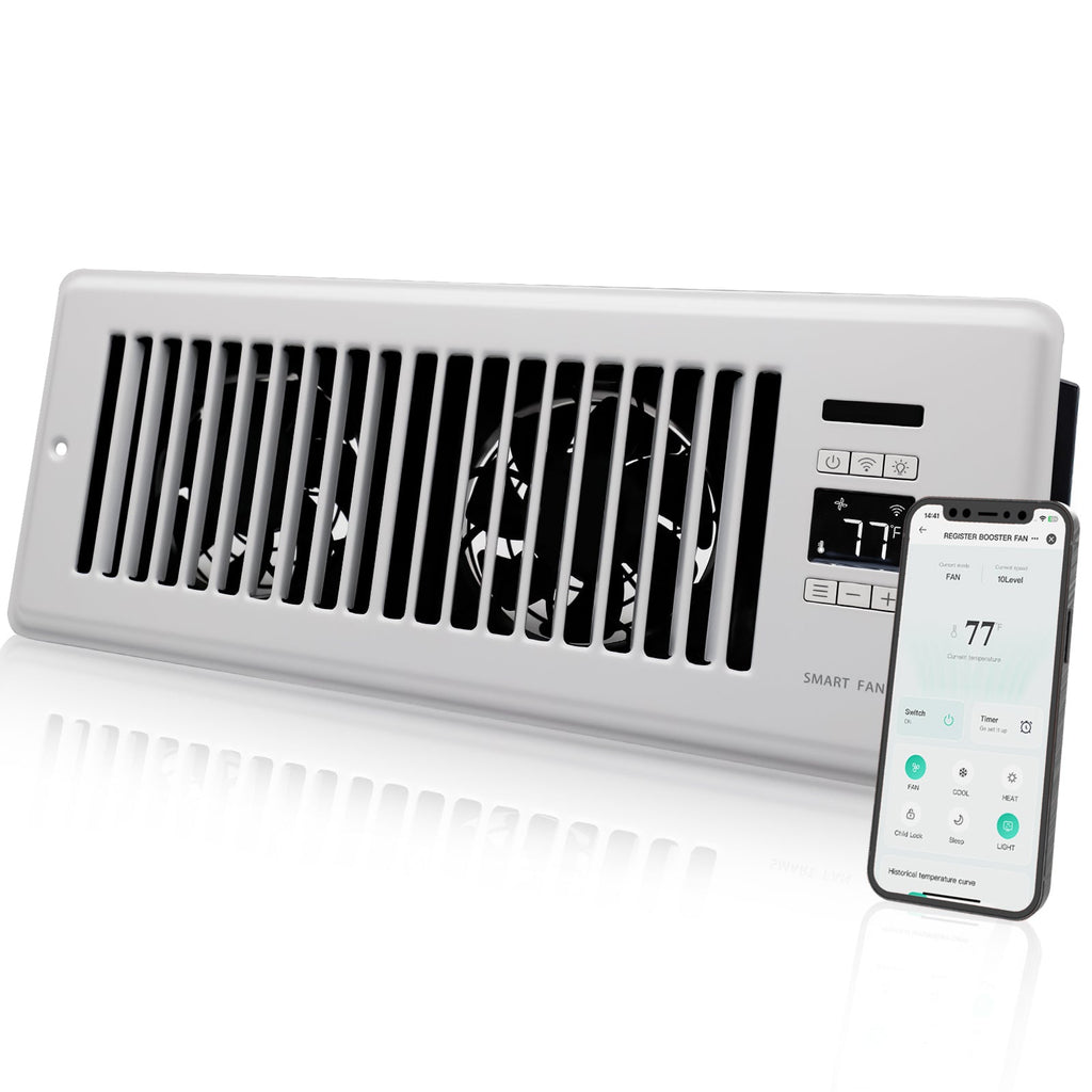 Super Quiet Register Booster Fan for 4" x 12" Register Holes, Smart Vent with Dual Intelligent Thermostat and WIFI App Control, Heating Cooling AC Vent Fan (White)