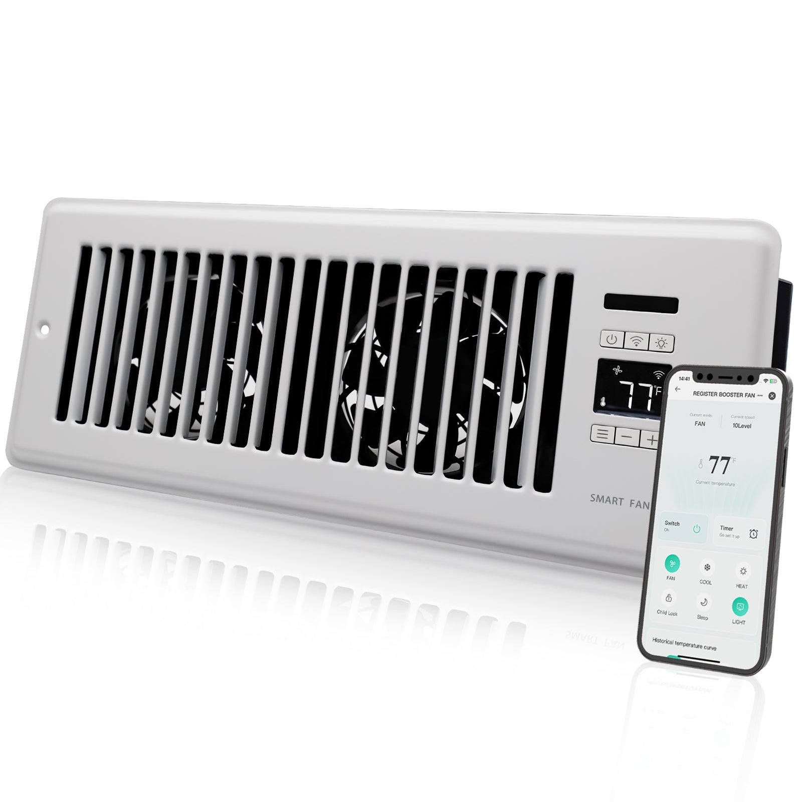 Super Quiet Register Booster Fan for 4" x 12" Register Holes, Smart Vent with Dual Intelligent Thermostat and WIFI App Control, Heating Cooling AC Vent Fan (White)