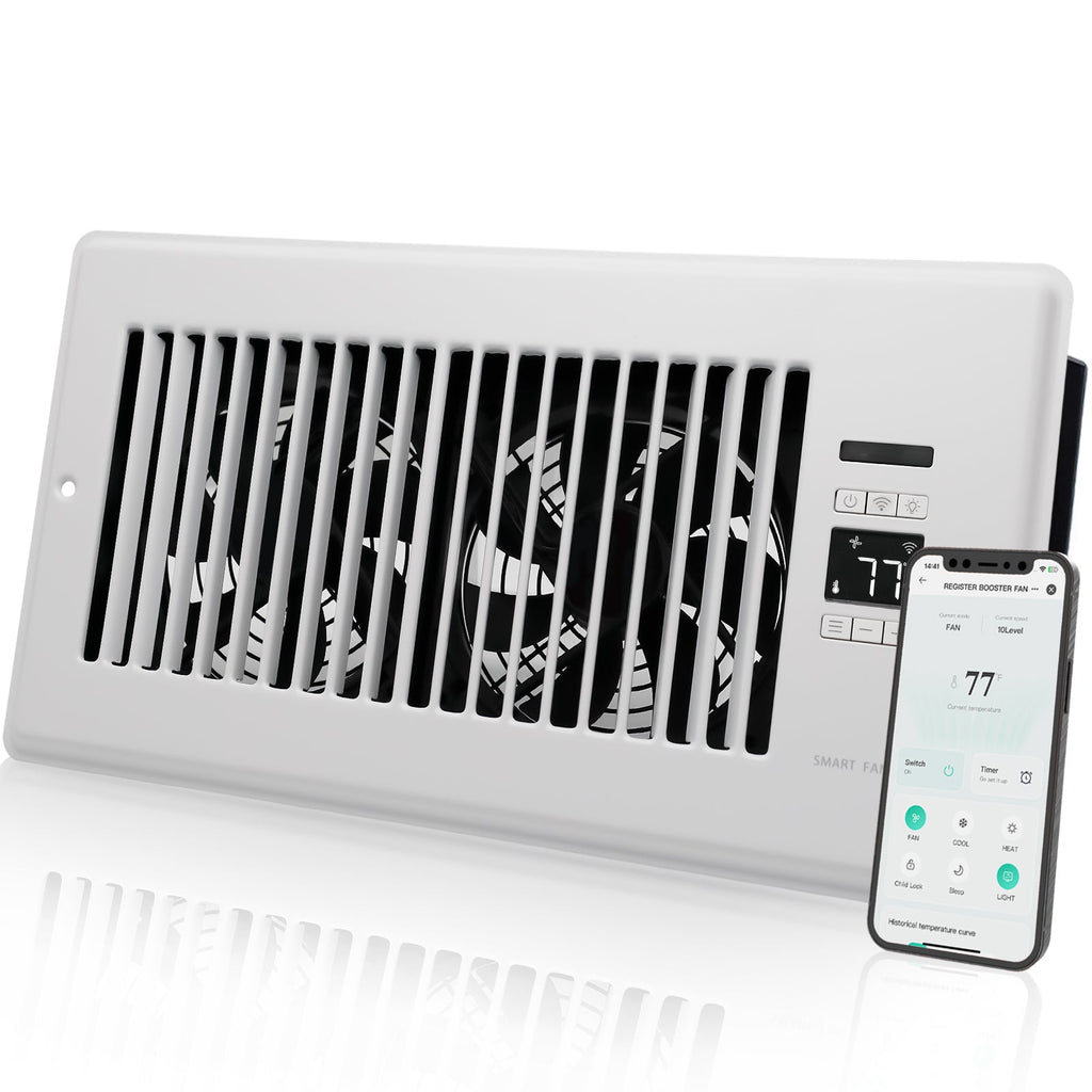 6" x 12" Super Quiet Register Booster Fan - Upgrade Smart Register Vent with Ionizer and Dual Intelligent Thermostat Control - Heating Cooling Vent Fan Booster (White)