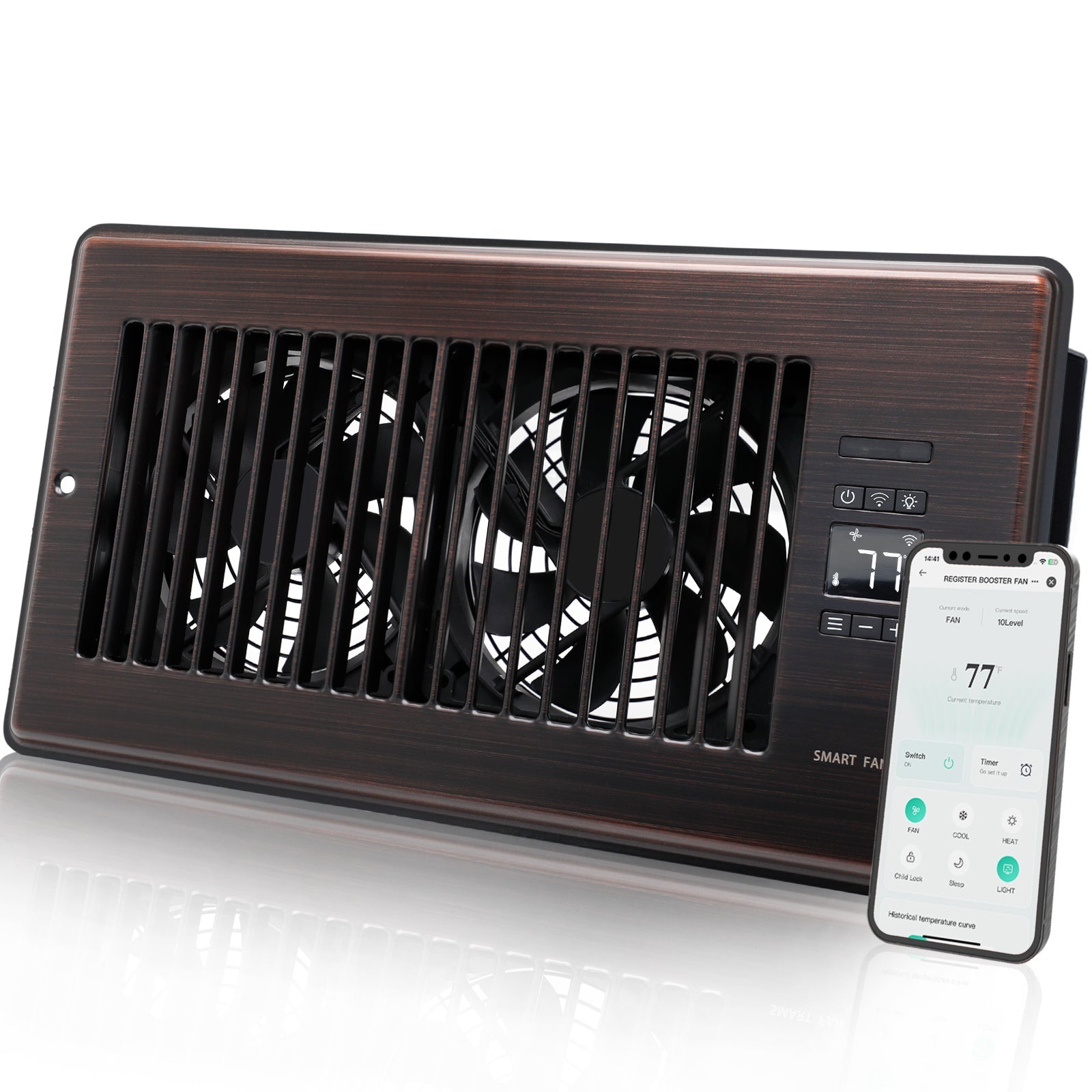 6" x 12" Super Quiet Register Booster Fan - Upgrade Smart Register Vent with Ionizer and Dual Intelligent Thermostat Control - Heating Cooling Vent Fan Booster (ORB)