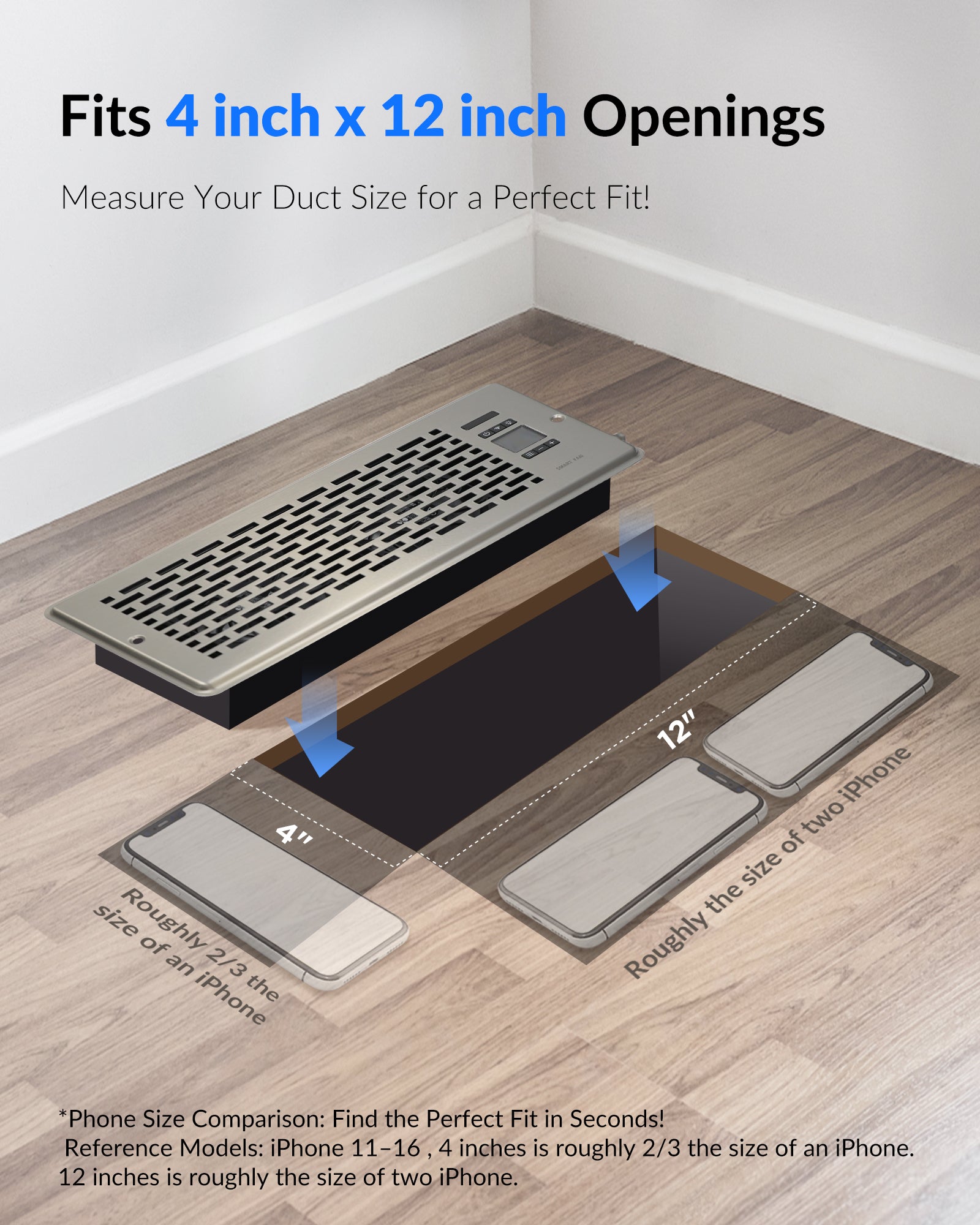 Register Booster Fan for 4" x 12" Register Holes, Quiet Vent Fan Booster with Intelligent Thermostat, Improves Heating Cooling, App Control, 10-Speeds, Manhattan Smart Register Vent, SN